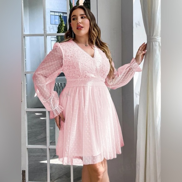 SHEIN Simplee Plus Contrast Lace Bodice Flounce Sleeve Mesh Dress 3X - Picture 4 of 5